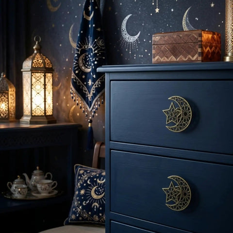Top Shelf Hollow Moon And Star Cabinet Knobs Combined With Threaded Drawer Pulls For Instant Home Upgrade Plus Straight Up Slick Geometric Decor Hardware Set on a blue dresser.