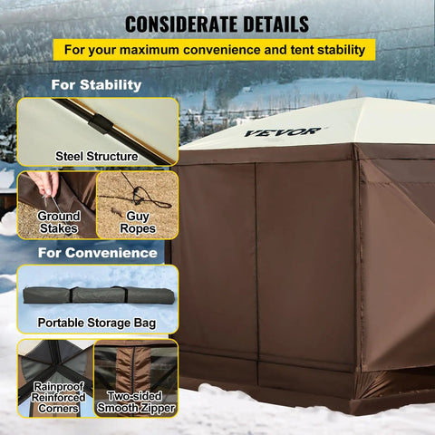 Six Sided 12x12 Pop Up Canopy Shelter With Mesh Windows Portable Carry Bag Stakes Epic Outdoor Shade Tent brown beige