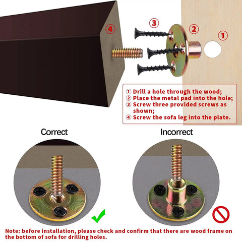 Installation guide for Set Of 8 Tough As Nails Square Wooden Couch Legs 4 Inch Tall Replacement Sofa Feet with correct and incorrect examples.