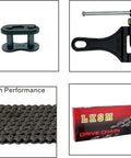 LKSM 420 motorcycle drive chain kit: 132-link chain, chain breaker tool, master link, and branded box (4 items)