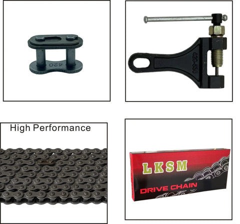 LKSM 420 motorcycle drive chain kit: 132-link chain, chain breaker tool, master link, and branded box (4 items)