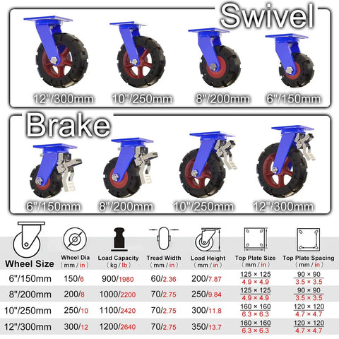 Heavy Duty Industrial Caster Wheels Pack Of 4 Solid Rubber Rollers Built Like A Tank For Smooth As Butter Swiveling With Dual Locking Brakes And Double Ball Bearings Moving Heavy Loads, various sizes displayed.