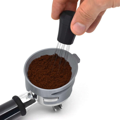 WDT Tool With Self Aligning Stand For Espresso Barista Grade Needle Tech 0 4mm Stainless Steel Needles Black Finish in use