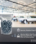 Pack of 100 License Plate Screws Size Fourteen By Three Quarter Inch Slotted Hex Head in clear bag, cars in background