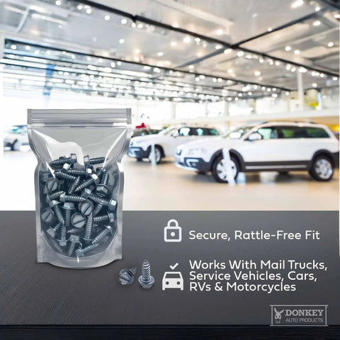 Pack of 100 License Plate Screws Size Fourteen By Three Quarter Inch Slotted Hex Head in clear bag, cars in background
