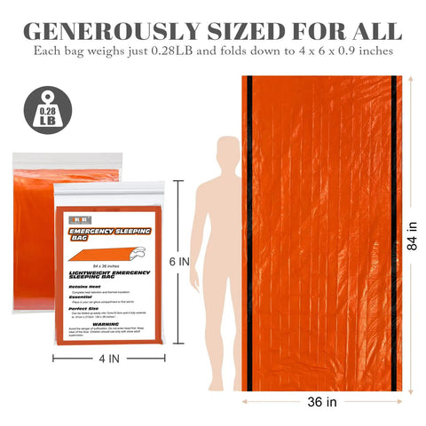 Diagram showing Two Pack Emergency Sleeping Bags, 84 x 36 inches, lightweight 0.28 lb, orange mylar material, weatherproof survival gear