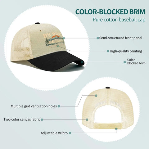 Funny RV Pilot Camper Road Trip Hat Avid Traveler Baseball Cap with color-blocked brim and adjustable Velcro.