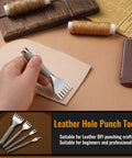 Using Leather Punch Set With 1/2/4/6 Prongs For Belts And Crafting on leather piece, with threads and wooden board nearby.