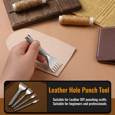 Using Leather Punch Set With 1/2/4/6 Prongs For Belts And Crafting on leather piece, with threads and wooden board nearby.