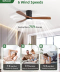 Top Notch 52 Inch Wood Ceiling Fan With Dimmable LED Lights And Wireless Remote low profile design rated for six wind speeds.