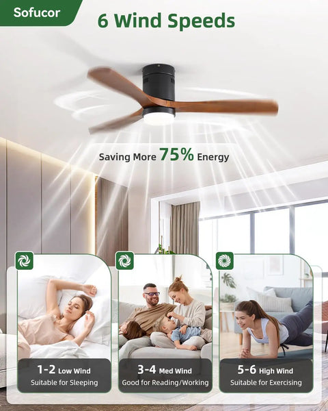 Top Notch 52 Inch Wood Ceiling Fan With Dimmable LED Lights And Wireless Remote low profile design rated for six wind speeds.