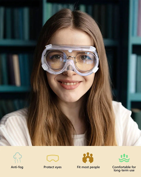 Woman wearing Top Notch Anti Fog Safety Goggles For Lab Work, Adjustable Lightweight Chemistry Goggles With Indirect Ventilation