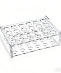 Clear Acrylic Test Tube Rack Holder With 24 Sockets For 5 Ml Tubes Lab Stand, transparent plastic lab organizer, side view.