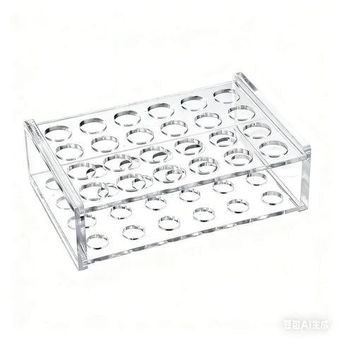 Clear Acrylic Test Tube Rack Holder With 24 Sockets For 5 Ml Tubes Lab Stand, transparent plastic lab organizer, side view.