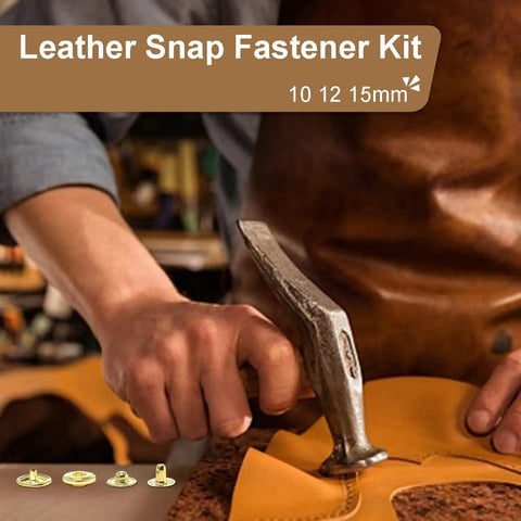 Person using hammer on leather with All In One Snaps Button Kit For Leather And Fabric, Metal Snap Fasteners With Four Install Tools