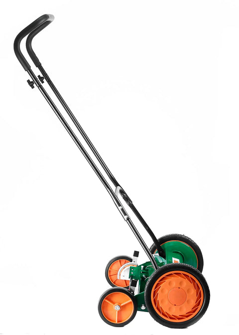 Manual 20-Inch 5-Blade Push Reel Lawn Mower With Ball Bearing Reel, Dual Tracking Wheels, side view of easy push operation