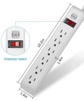 Heavy Duty Surge Protector Power Strip With 6 Outlet Slots And 6 Feet Extension Cord delivering 600 joules, showing dimensions and protection switch.