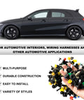 Image of 500-piece car clip kit, black sedan, and mixed plastic clips for Must Have 500 Piece Universal Car Clip Kit With Mixed Door Panel Trim Clips Engine Cover Bumper Fender Retainers And Plastic Push Pin Rivets Plus Fastener Remover Tool