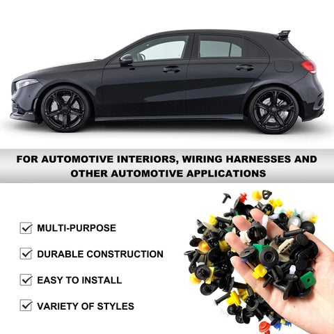 Image of 500-piece car clip kit, black sedan, and mixed plastic clips for Must Have 500 Piece Universal Car Clip Kit With Mixed Door Panel Trim Clips Engine Cover Bumper Fender Retainers And Plastic Push Pin Rivets Plus Fastener Remover Tool