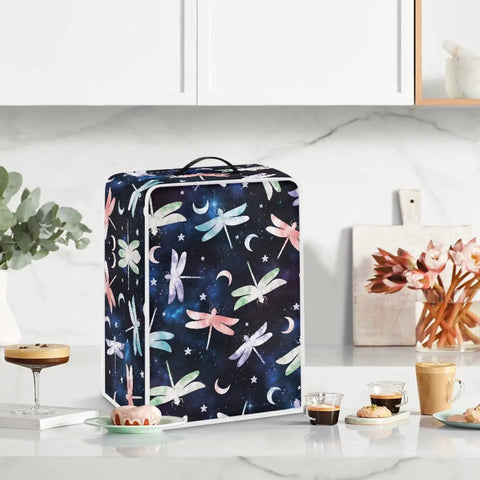 Straight Up Dragonfly Print Coffee Maker Cover Washable Heavy Duty Shield For Kitchen Small Appliances Foldable Waterproof Polyester Slipcover With Sturdy Grip Handle displayed in kitchen.