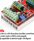 Close-up of 350W 6 to 60 Volts three phase PWM DC brushless motor speed controller with Hall sensor, red housing, electronic components visible