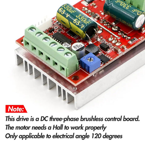 Close-up of 350W 6 to 60 Volts three phase PWM DC brushless motor speed controller with Hall sensor, red housing, electronic components visible