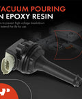 Close-up of ignition coil with vacuum pouring in epoxy resin, highlighting high-quality spark coils for Volvo 2.4L and 2.5L engines.