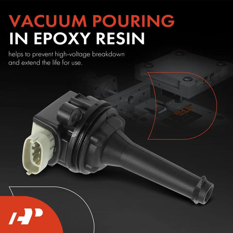 Close-up of ignition coil with vacuum pouring in epoxy resin, highlighting high-quality spark coils for Volvo 2.4L and 2.5L engines.