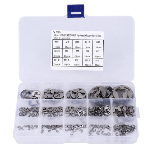 Stainless Steel E Clip Set 300 Pcs Assortment Kit M One Point Two Through M Fifteen With Storage Box for Auto Hobbyists