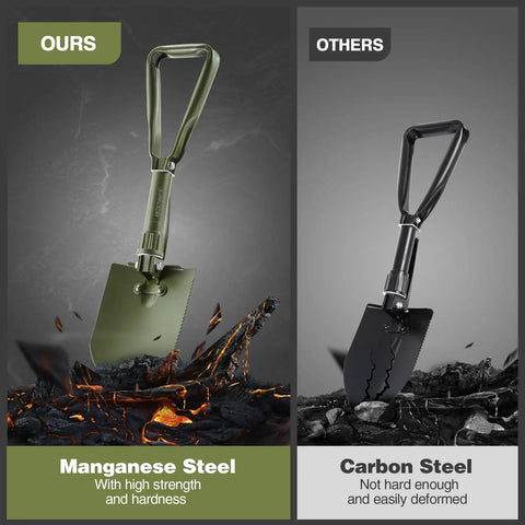 Comparison of 23 Inch Folding Camping Shovel With Cover High Manganese Steel Entrenching Tool vs carbon steel shovel on rocks