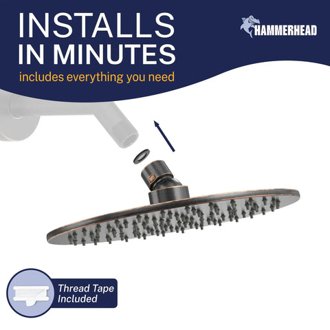 Installation of solid metal 8 inch rainfall shower head with high flow pressure boost oil rubbed bronze finish two point five GPM built to last heavy duty commercial grade durability for a spa like shower experience.
