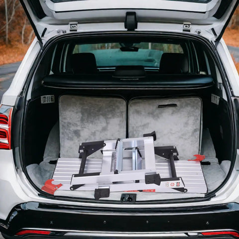 40 Inch Folding Step Stool Aluminum Ladder For Home DIY Projects in SUV cargo area, folded aluminum ladder for transport