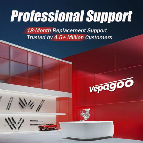 Storefront with Vepagoo branding showcasing gas lift struts, model car, and modern design.