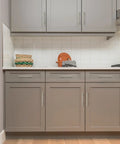 Modern kitchen with 50 Pack 5 Inch Brushed Nickel Cabinet Pulls Stainless Steel Kitchen Drawer Handles With 3 Inch Center To Center Spacing And Included Mounting Template For Quick No Nonsense Install on grey cabinets.
