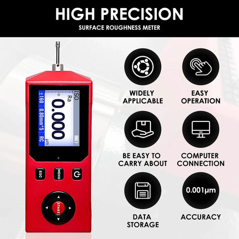 Shop Ready Handheld Surface Roughness Tester With 0.001 Micron Resolution For Ra Rz Rq Rt Measurements ISO ANSI DIN JIS Standards