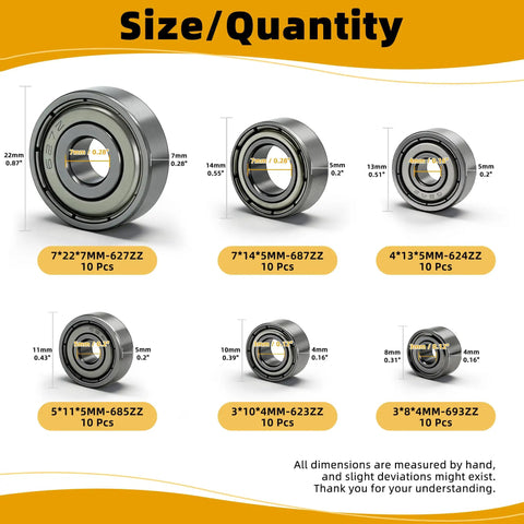 Extensive 60 Piece Deep Groove Ball Bearings Set in Six Sizes 693ZZ 623ZZ 624ZZ 685ZZ 687ZZ 627ZZ Double Shielded, Pre Lubricated Steel Bearings For 3D Printers, Mini Projects, and Hobby Machines. Size chart with six steel bearing sizes