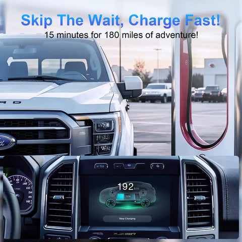 Ford electric vehicle charging at a fast station with Upgraded Nacs To Ccs1 Supercharger Adapter With Heavy Duty 500 Amp 250 Kw Connector.