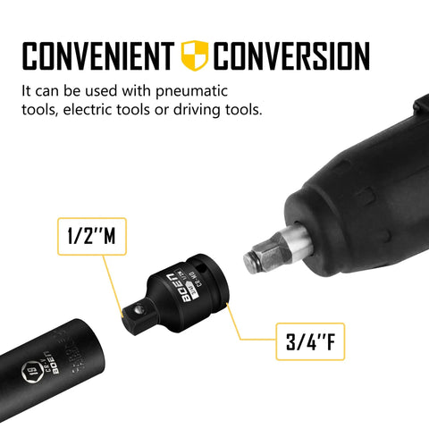Eight Piece Impact Socket Adapter And Reducer Set For One Quarter, Three Eighths, One Half, And Three Quarters Inch Drive, shown with impact driver connection.