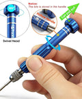 Hands holding a blue S2 steel screwdriver from All In One Eyeglass Repair Kit With S2 Steel Screwdriver And Fifteen Screw Sizes For Quick At Home Repairs Of Glasses Frames A Precision Eyewear Tool Set In A Compact Blue Case, showing swivel head and hollow handle with bit storage.