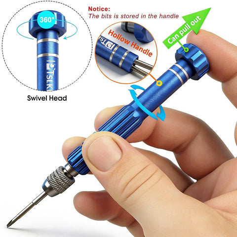 Hands holding a blue S2 steel screwdriver from All In One Eyeglass Repair Kit With S2 Steel Screwdriver And Fifteen Screw Sizes For Quick At Home Repairs Of Glasses Frames A Precision Eyewear Tool Set In A Compact Blue Case, showing swivel head and hollow handle with bit storage.