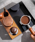 Hella Durable Premium Sapele Wood Espresso Tamper Station Featuring A Slick Built In Slide For Your 58mm Portafilter And A Killer Coffee Bar Accessory Organizer You Love. Image shows the tamper station with 58mm portafilter and accessories.