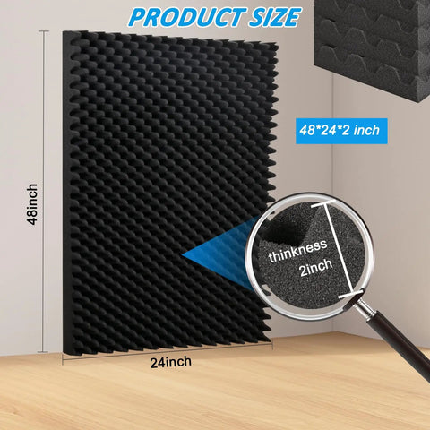 Four Pack 48X24X2 Inch Egg Crate Acoustic Foam Panels For Walls on wall, showcasing dimensions and texture.