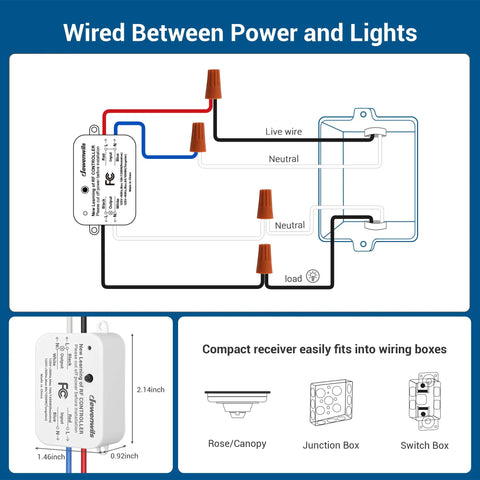 Diagram illustrating installation of Three Way Wireless Light Switch And Receiver Kit with dimensions and compact receiver details.