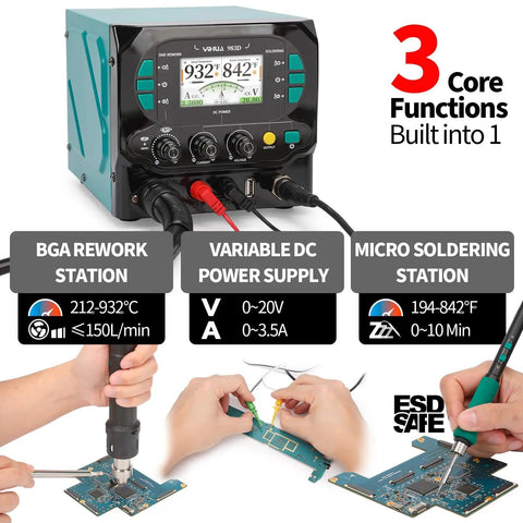 All In One Micro Soldering Station With 1000W BGA Hot Air Gun And 0 To 20V 0 To 3.5A Lab DC Power Supply Soldering Iron And Color Coded UI
