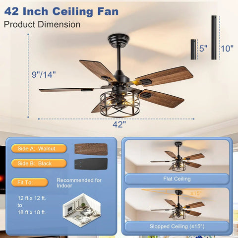 Rustic 42-Inch Farmhouse Ceiling Fan With Cage Light and Remote dual finish black walnut blades for indoor outdoor spaces