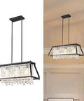 Three Light Trapezoidal Industrial Chandelier For Dining Room With Crystal Pendants Farmhouse Black Light Fixture 25.98 Inch