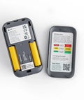 Straight Up Smart Digital Radon Detector Featuring Bluetooth Connectivity And Built In Temperature Humidity Sensors For Continuous Portable Home Air Quality Testing, showing battery compartment and information card.