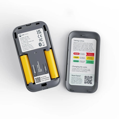 Straight Up Smart Digital Radon Detector Featuring Bluetooth Connectivity And Built In Temperature Humidity Sensors For Continuous Portable Home Air Quality Testing, showing battery compartment and information card.