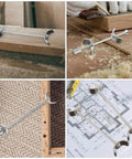 Collage of 6 Piece Countertop Joiner Connectors Set with thread bolts, displayed with workshop tools and plans, showing steel construction.