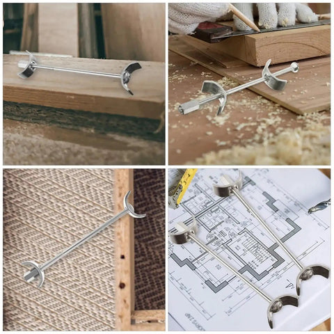 Collage of 6 Piece Countertop Joiner Connectors Set with thread bolts, displayed with workshop tools and plans, showing steel construction.